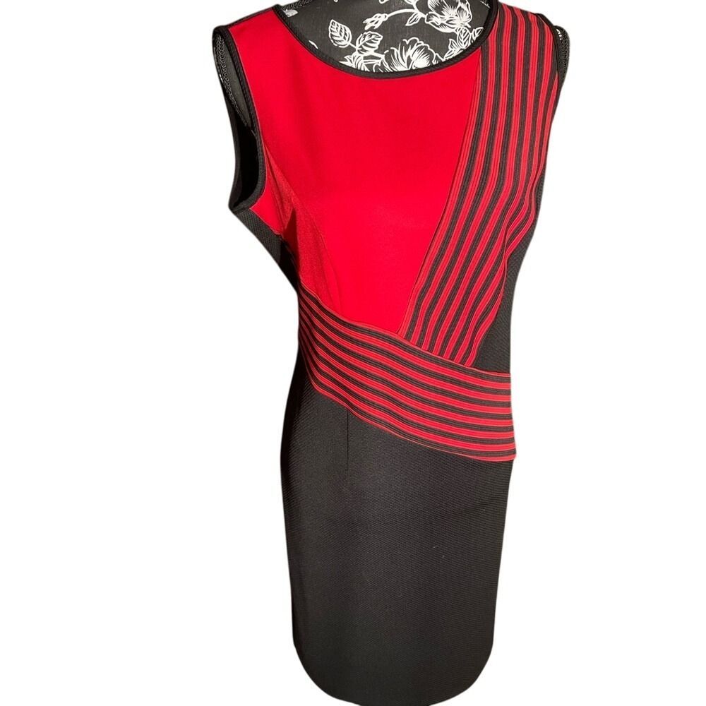 Maya Brooke Red and Black Geometric Stripes Dress Size 8